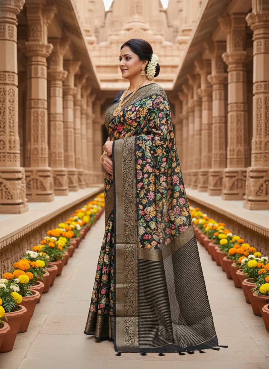 Woman draped in Moonga Tussar printed saree with Pichwai and Patola motifs, zari border and woven pallu – Rangoli Saris