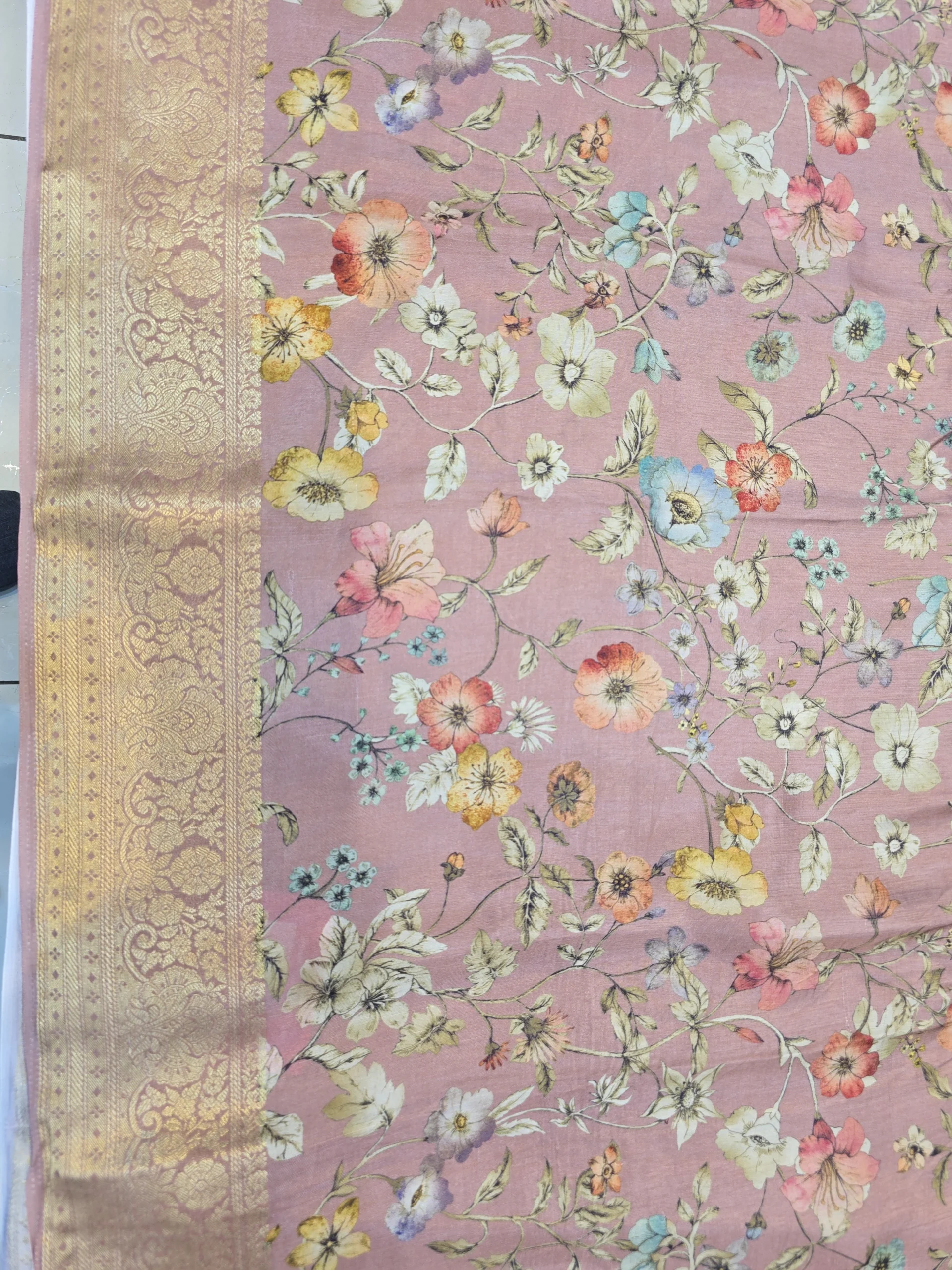 Blush Pink Moonga Tussar Saree with Woven Zari Border and Traditional Heritage Print - Image 5