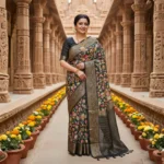 Woman draped in Moonga Tussar printed saree with Pichwai and Patola motifs, zari border and woven pallu – Rangoli Saris