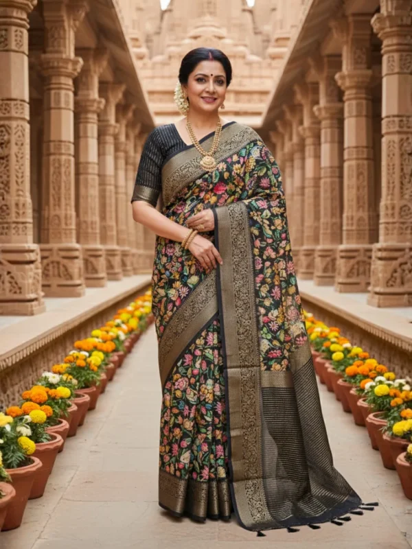 Woman draped in Moonga Tussar printed saree with Pichwai and Patola motifs, zari border and woven pallu – Rangoli Saris