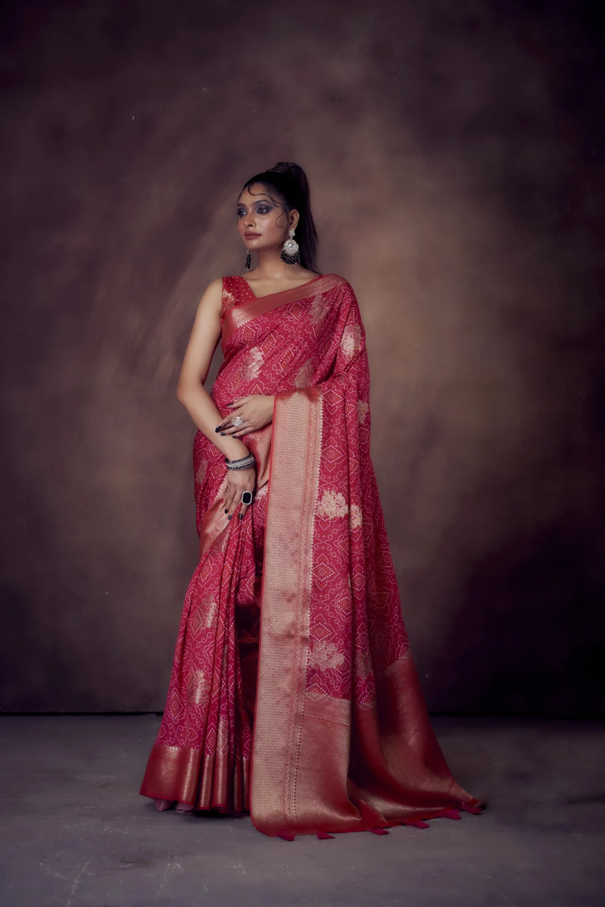 Red moonga tussar saree with Pichwai Patola Kalamkari prints and woven zari border