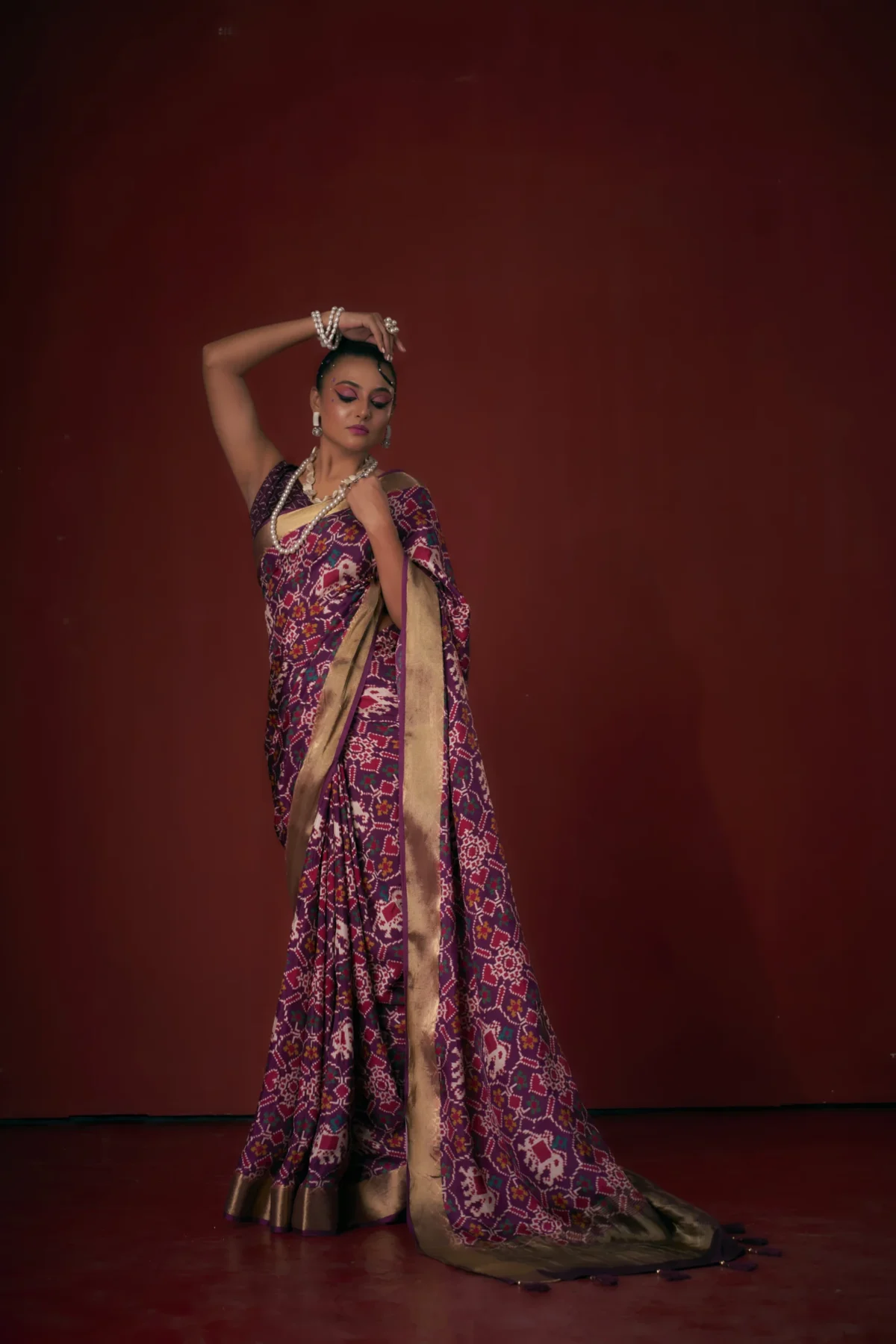 Maroon Moonga Tussar saree with Pichwai Patola Kalamkari fusion prints and zari border