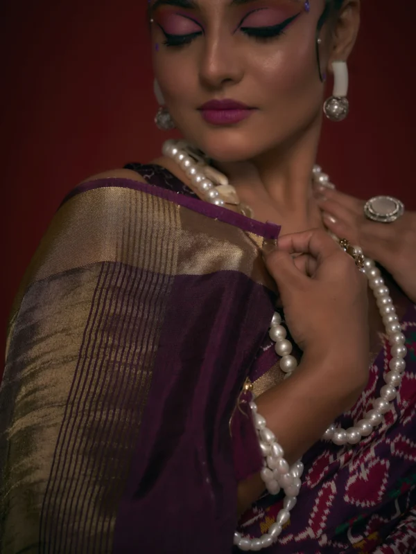 Maroon Moonga Tussar saree with Pichwai Patola Kalamkari fusion prints and zari border