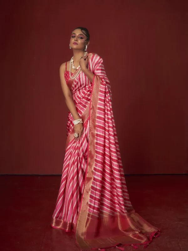 Rani pink Shibori print Moonga Tussar saree with golden woven zari border
