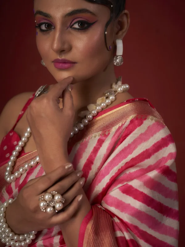 Rani pink Shibori print Moonga Tussar saree with golden woven zari border