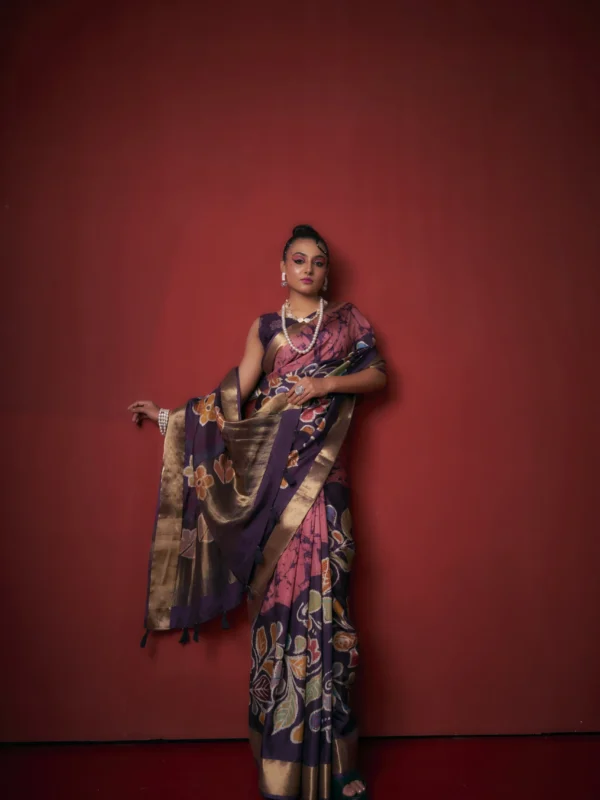 Aubergine and rose printed Moonga Tussar saree with golden zari border