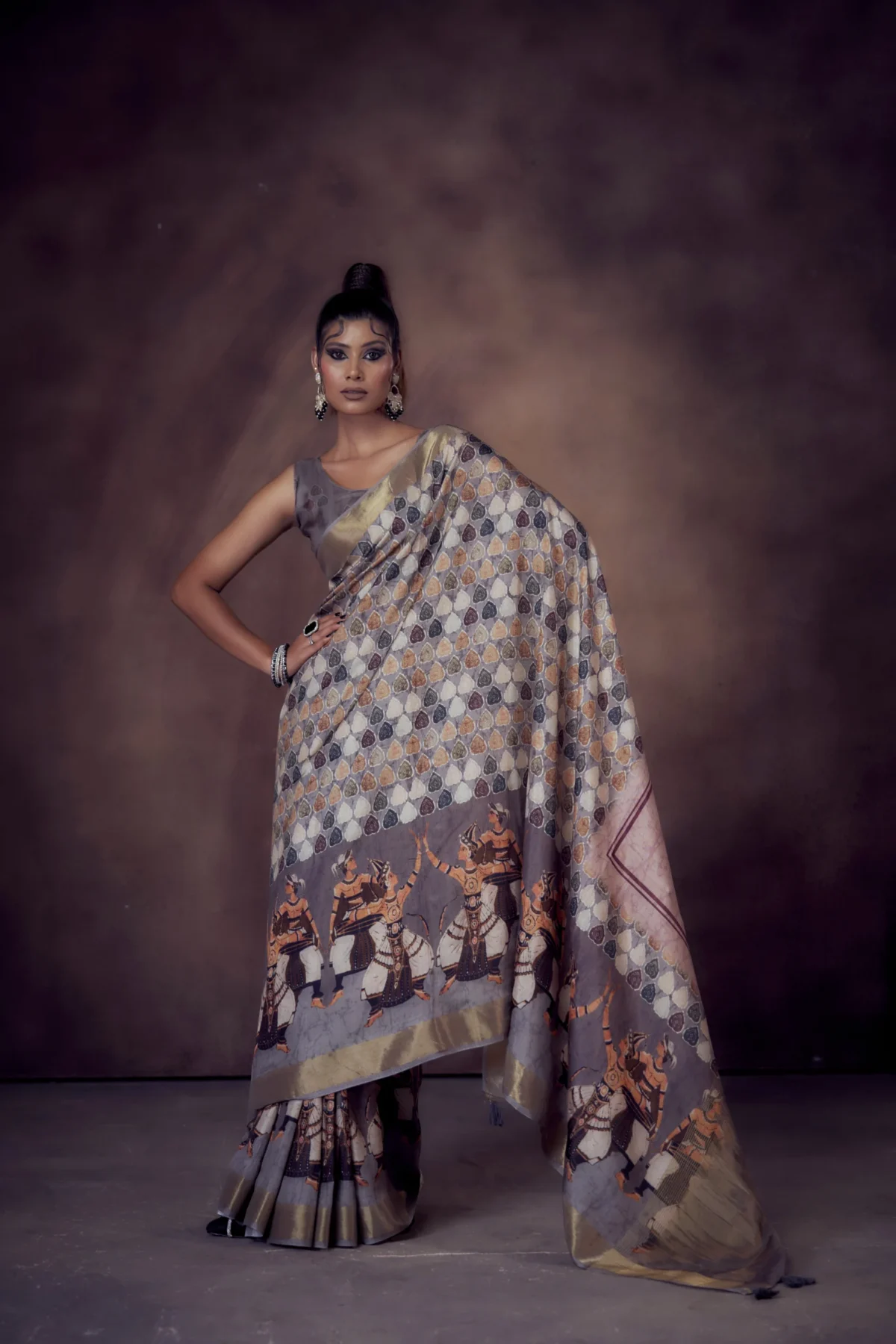Moonga Tussar saree with Kalamkari dance print and golden zari border