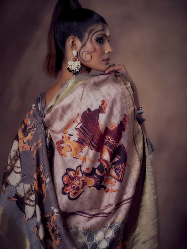 Moonga Tussar saree with Kalamkari dance print and golden zari border