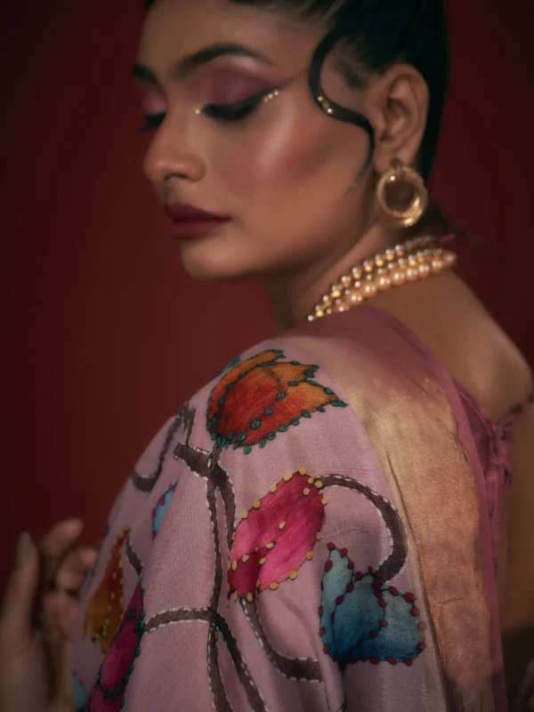 Pink Moonga Tussar Saree with Portrait Print Pallu and Woven Jari Border