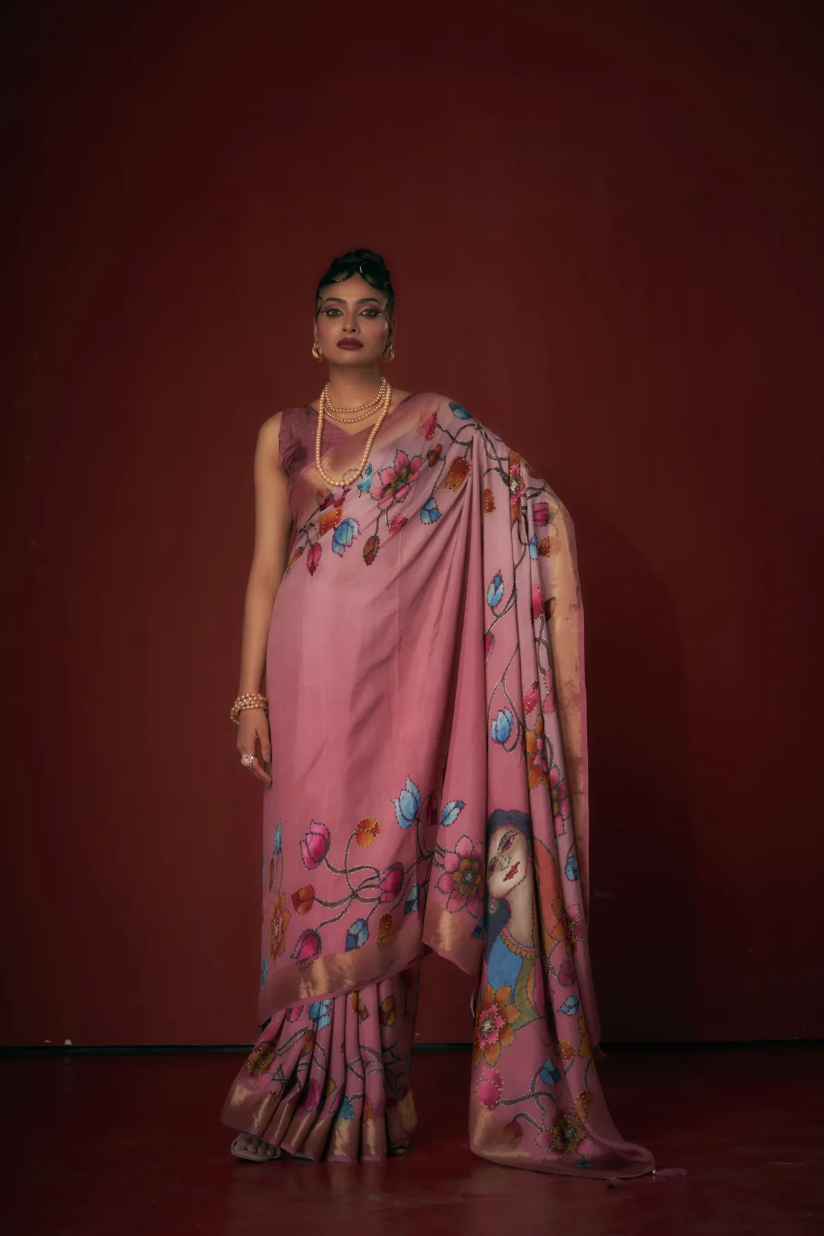 Pink Moonga Tussar Saree with Portrait Print Pallu and Woven Jari Border