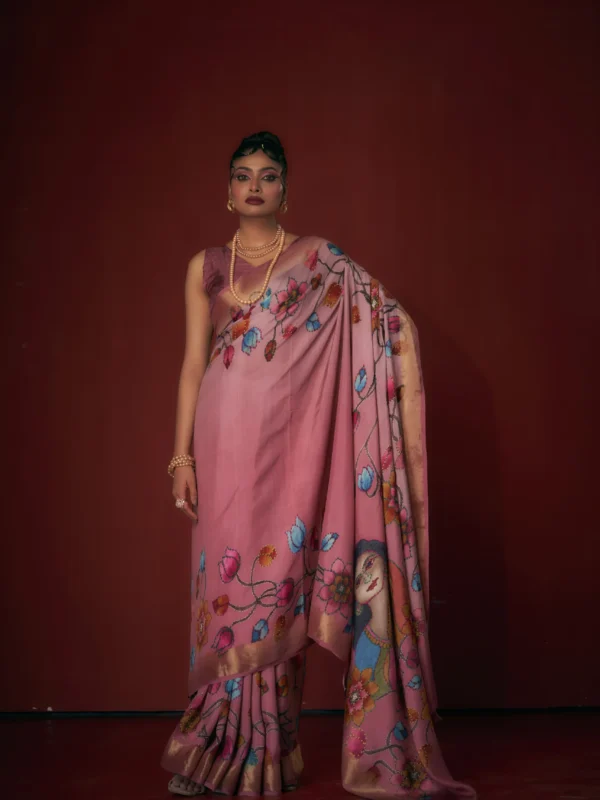 moonga-tussar-portrait-print-saree-pink-jari-border
