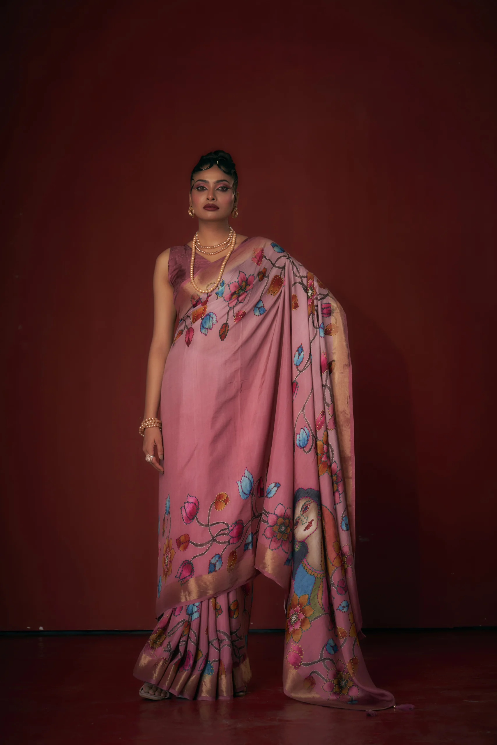 Pink Moonga Tussar Saree with Portrait Print Pallu and Woven Jari Border