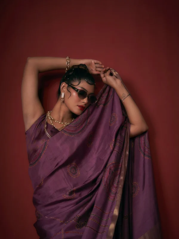 Plum Moonga Tussar Printed Saree with Jari Border and Artistic Pallu