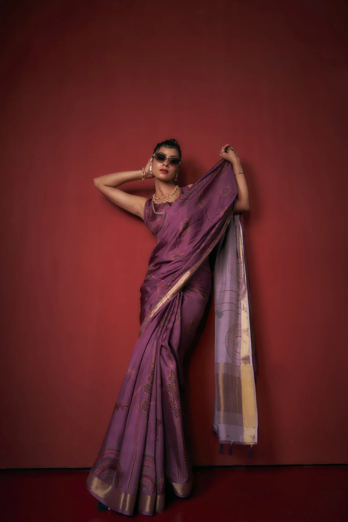 Plum Moonga Tussar Printed Saree with Jari Border and Artistic Pallu