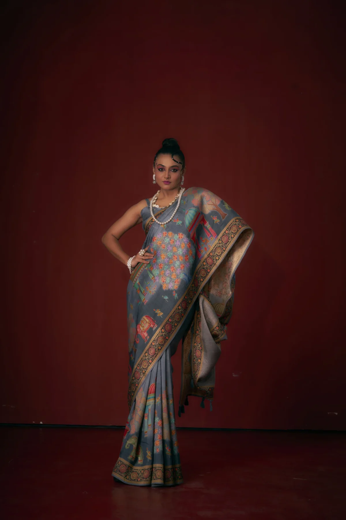 Slate Grey Moonga Tussar Printed Saree with Heritage Motifs and Woven Jari Border