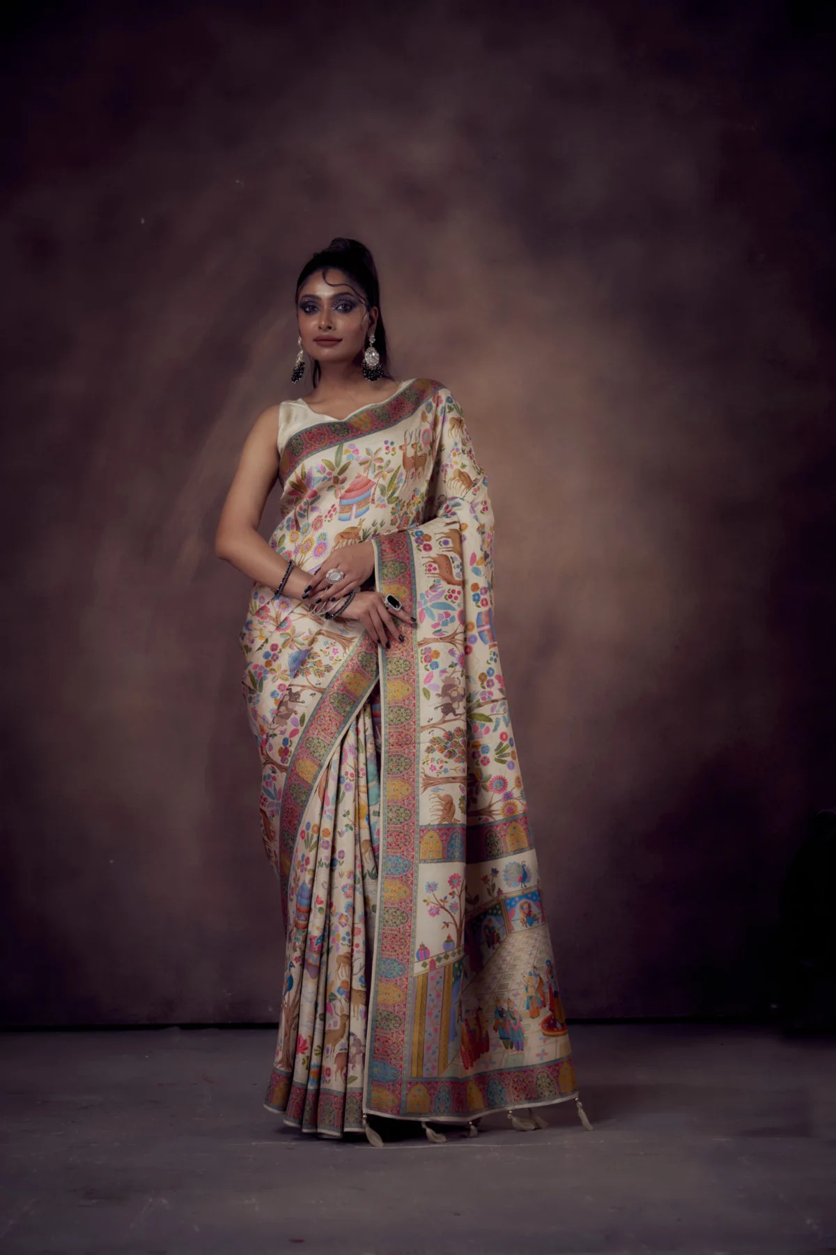 Ivory Moonga Tussar Saree with Multicolour Pichwai & Kalamkari Prints and Woven Jari Border