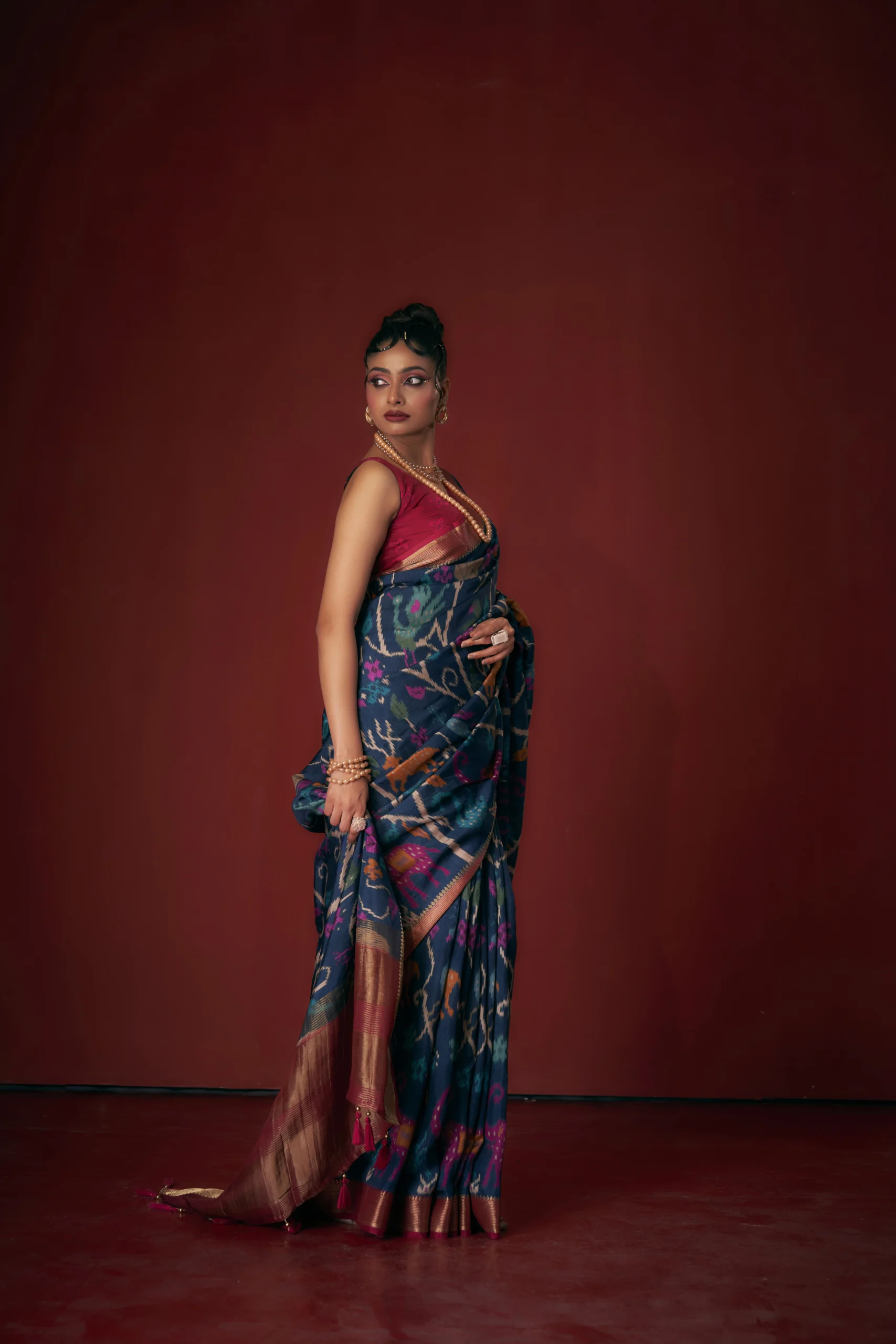 Moonga Tussar Teal Heritage Ikat & Kalamkari Inspired Printed Saree - Image 4
