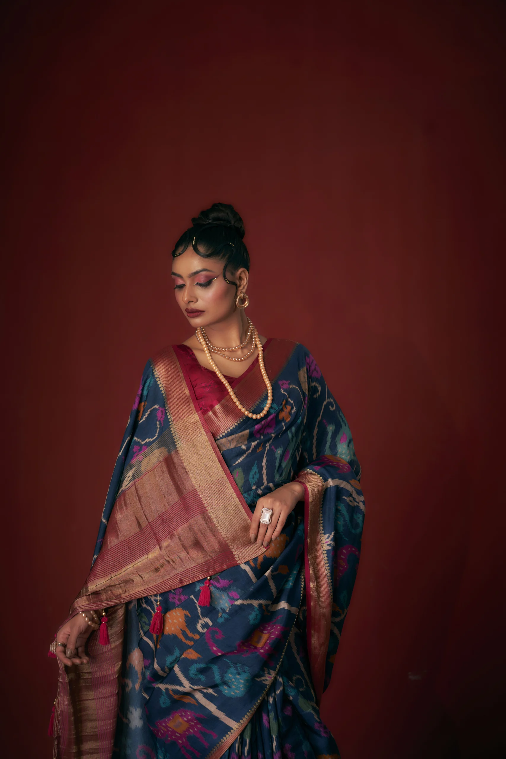 Moonga Tussar Teal Heritage Ikat & Kalamkari Inspired Printed Saree - Image 3