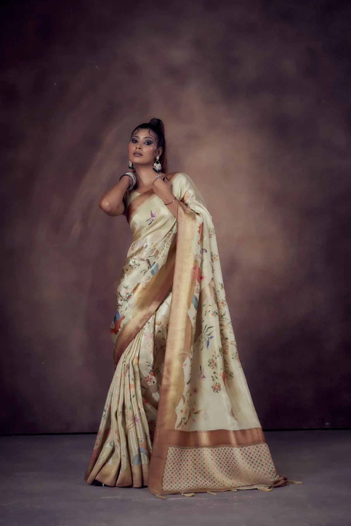 Golden ivory Moonga Tussar printed saree with heritage floral motifs and woven jari border