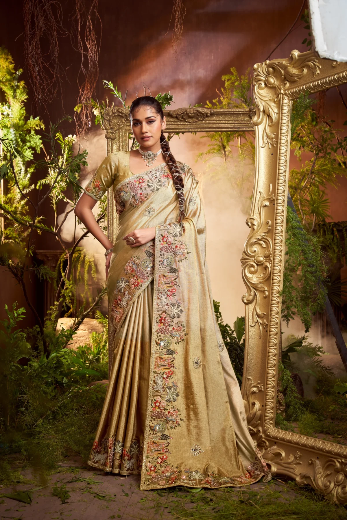 Model posing opulently in a designer golden tissue silk saree with heavy zardosi and thread embroidered borders featuring elephant motifs, standing beside an ornate gold frame.