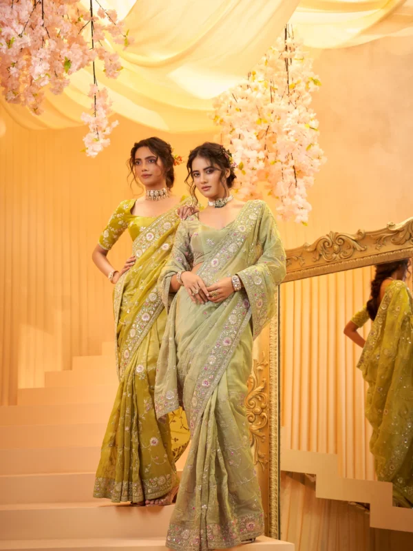 The 'Auralia' Lime Green Floral Embroidered Designer Saree
