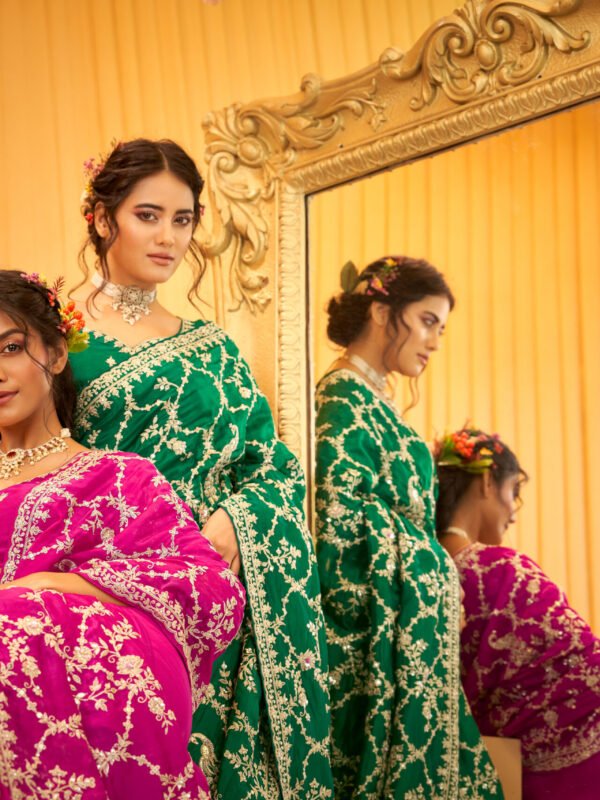 The Royal Fuchsia Bloom: Heavy Embroidered Designer Silk Saree