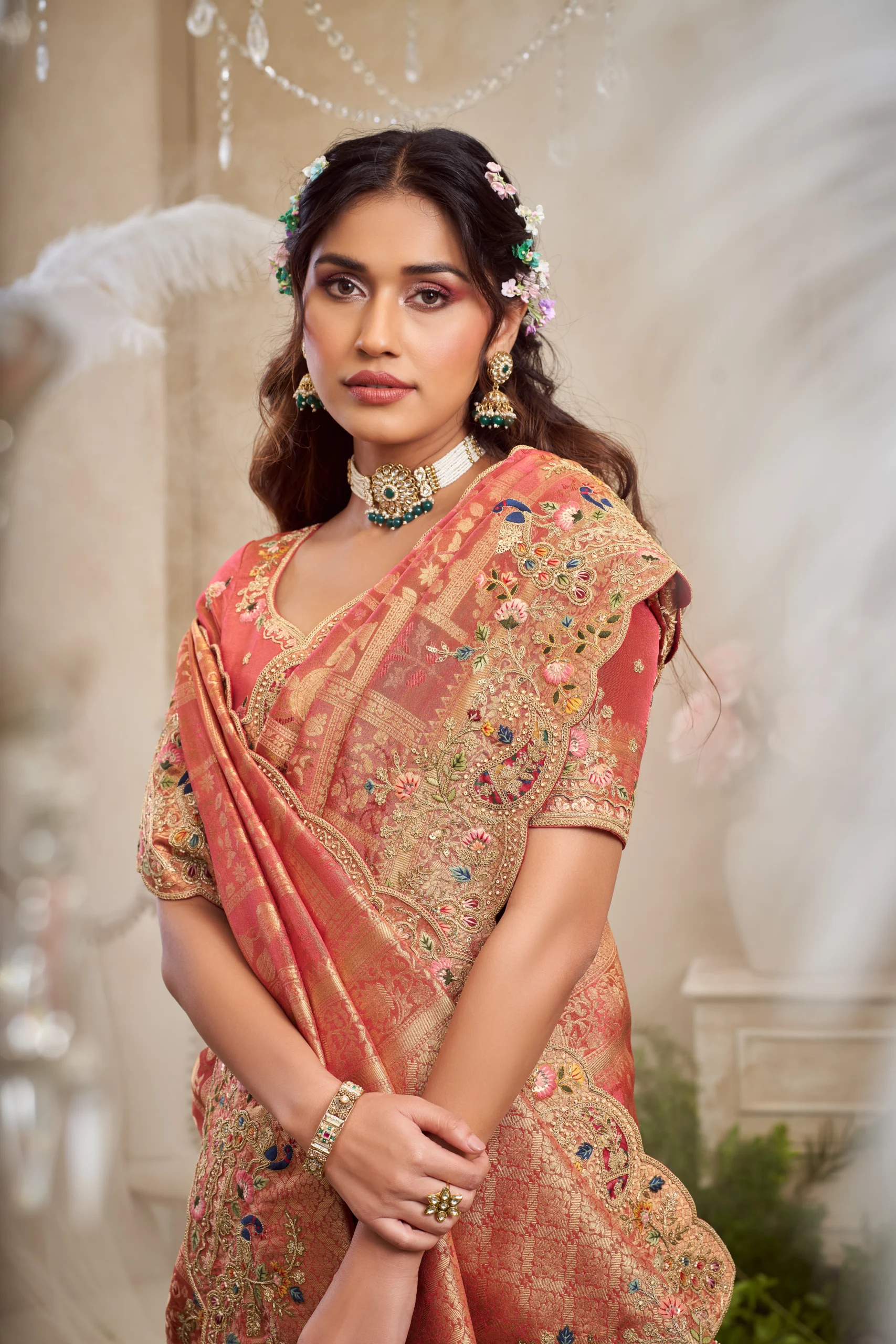 Coral Royale Hand-Embroidered Luxury Designer Saree - Image 2