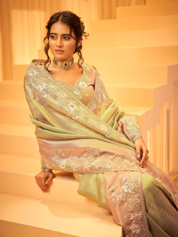 Model wearing a pastel ombre designer saree with heavy hand embroidery and matching embroidered unstitched blouse.