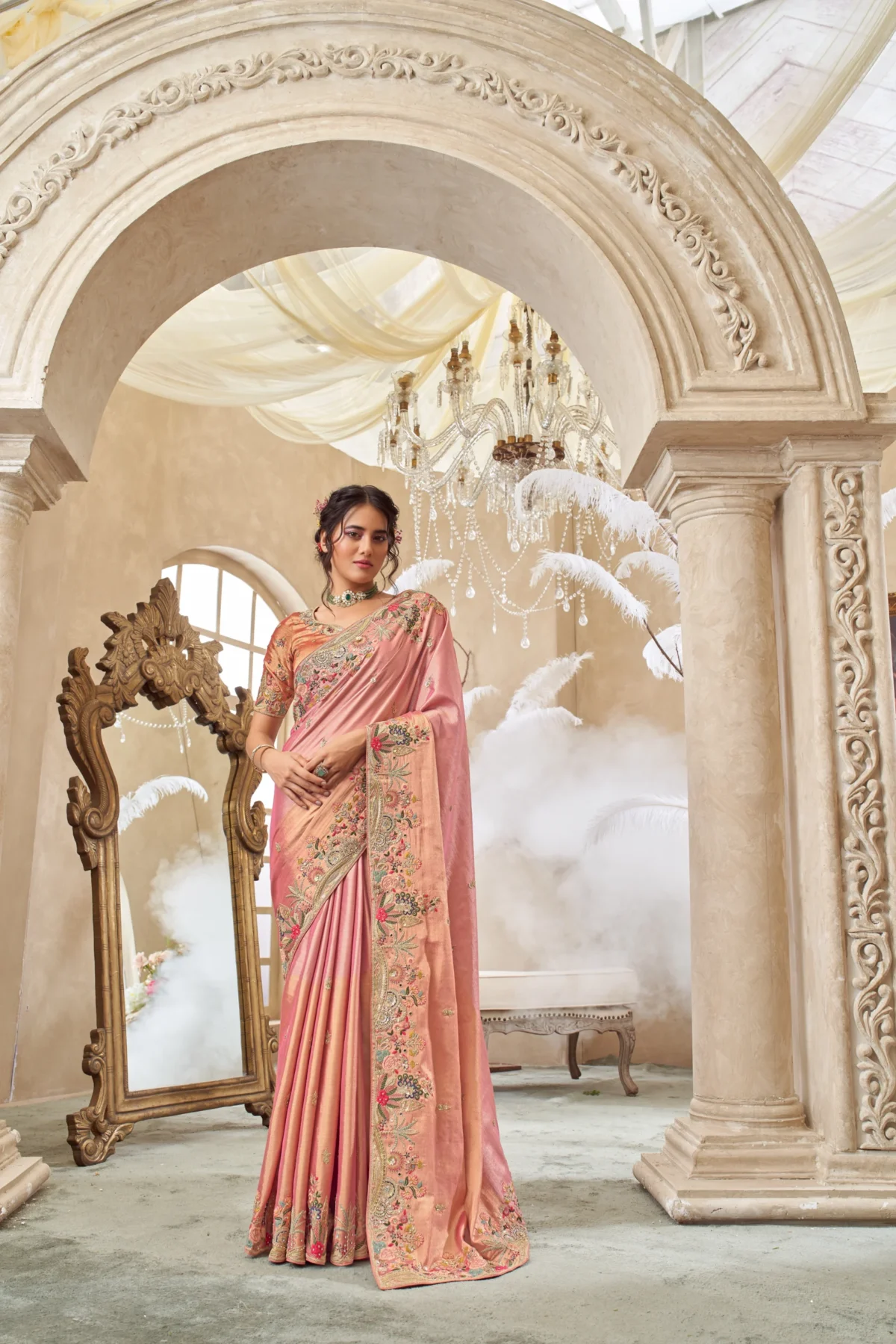 Blush pink embroidered silk designer saree with detailed border and unstitched blouse