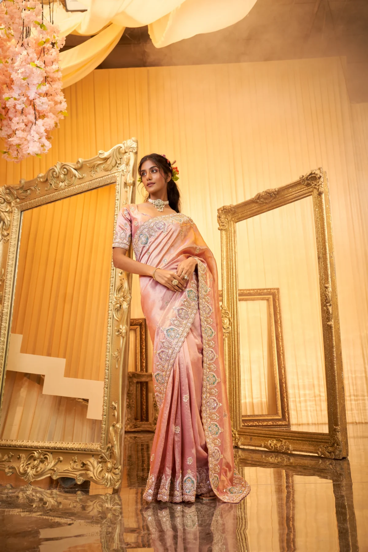 Blush pink hand-embroidered silk saree with scallop border and unstitched blouse