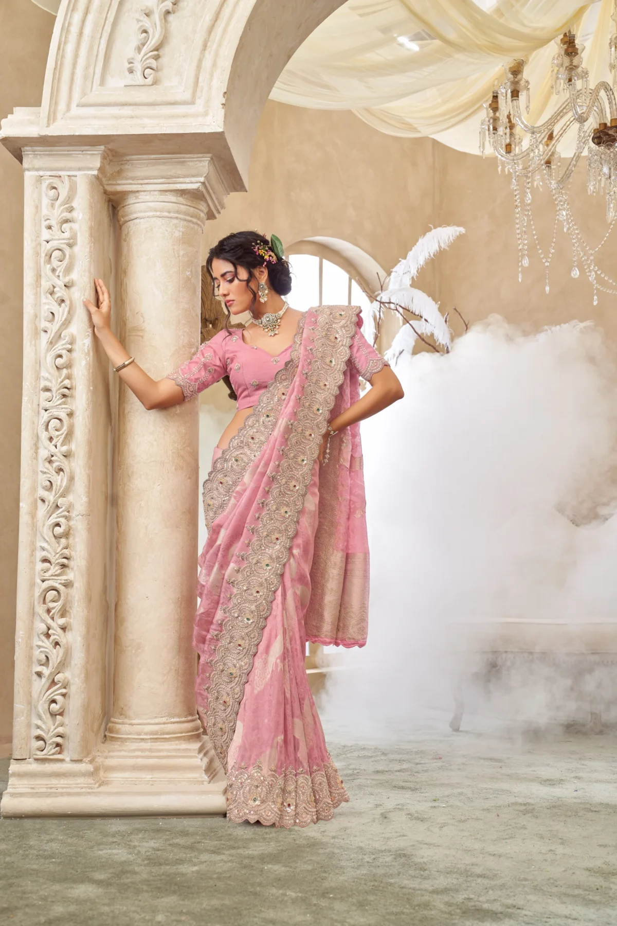 Rose pink embroidered silk saree with scalloped border and unstitched blouse
