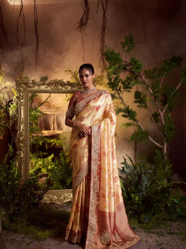 Blush pink designer silk saree with floral weave and sequin zari embroidered border