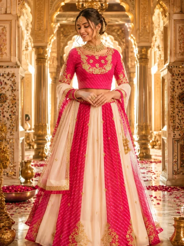 Georgette Leheriya lehenga with Gota Patti work and Organza frill dupatta