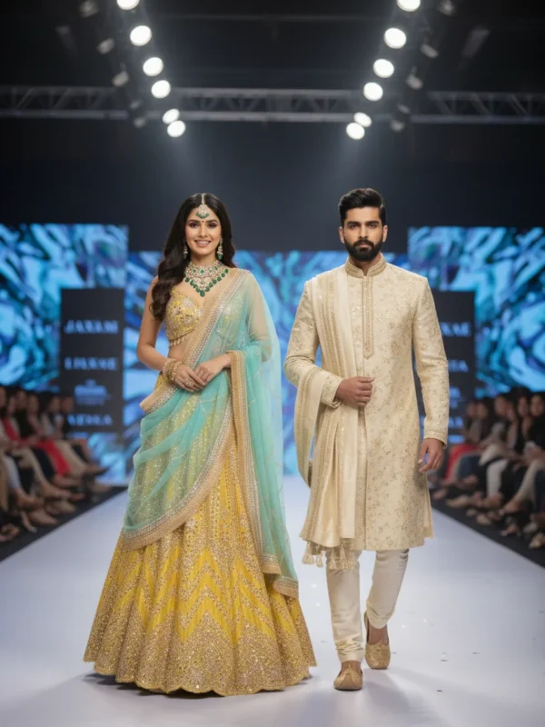 Royal blue net designer lehenga with beads and crystal work blouse and dupatta