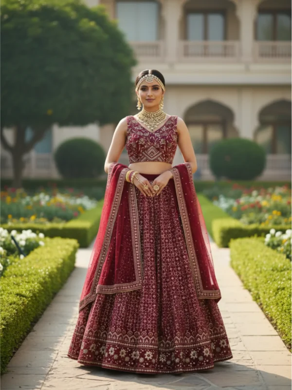 Royal blue net designer lehenga with bead and crystal embellishment and matching dupatta