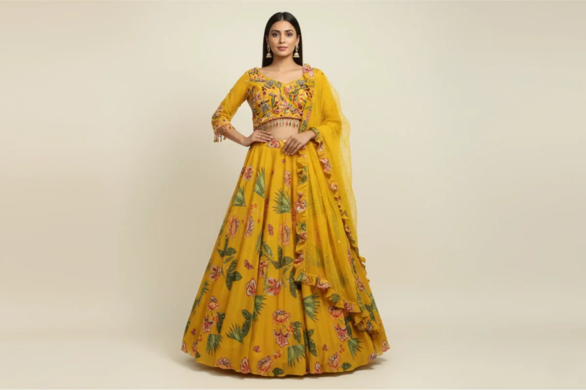 Royal blue net designer lehenga with bead and crystal work blouse and dupatta