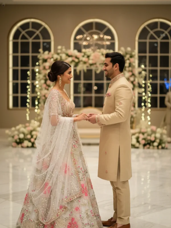 Royal blue net designer lehenga with bead and crystal embellished blouse and dupatta