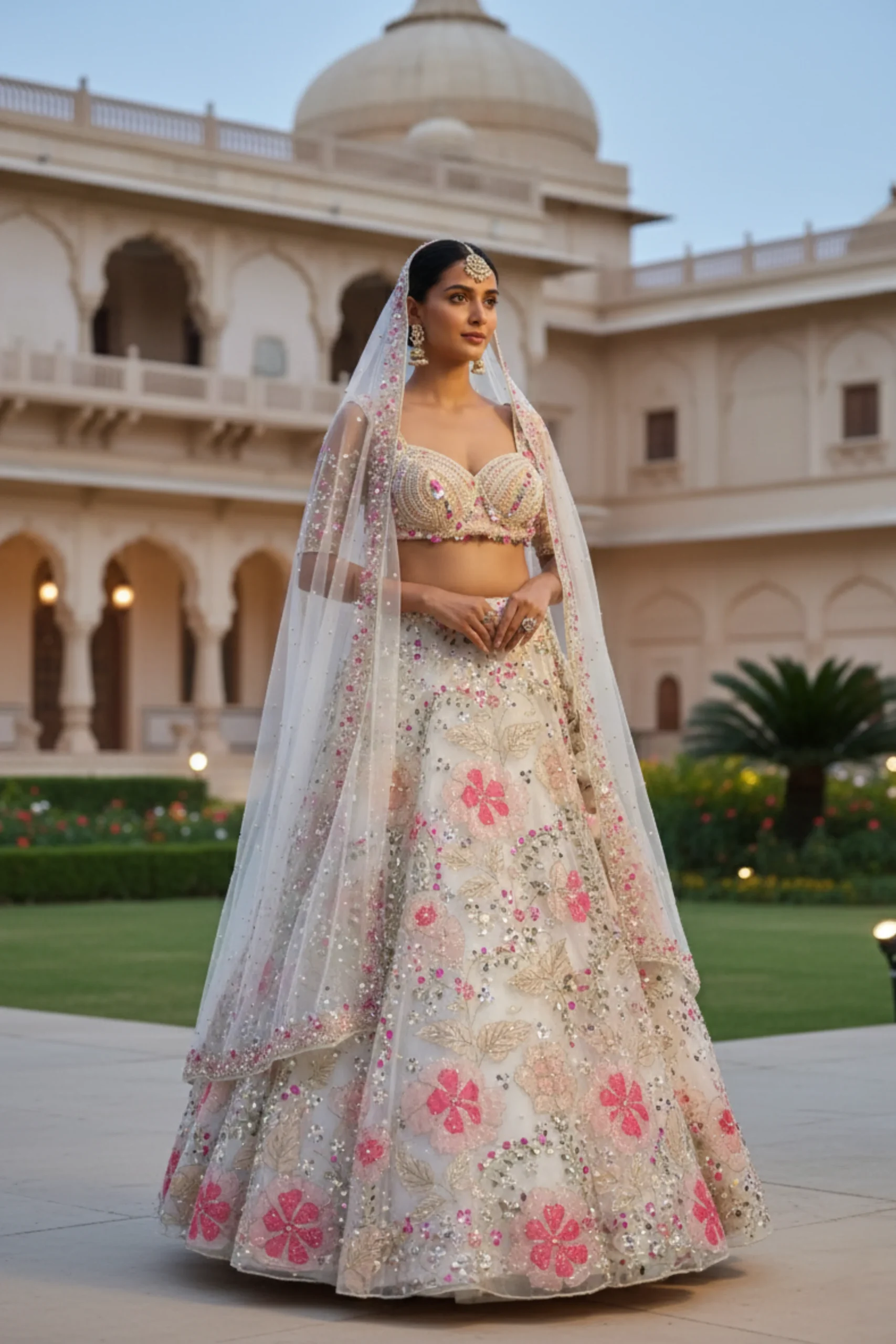 Royal blue net designer lehenga with bead and crystal embellished blouse and dupatta