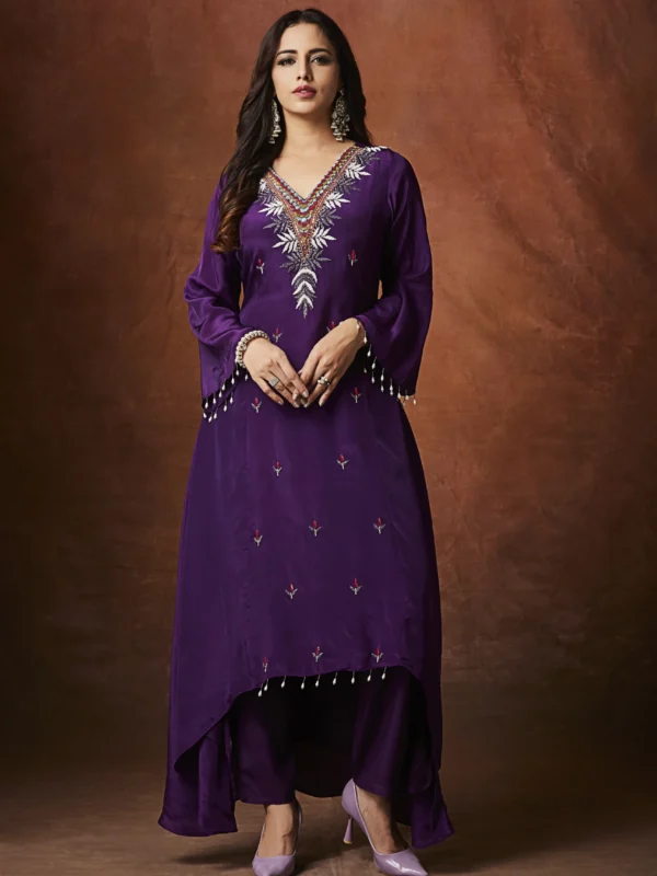 Purple designer palazzo suit with embroidered long kurta for festive wear