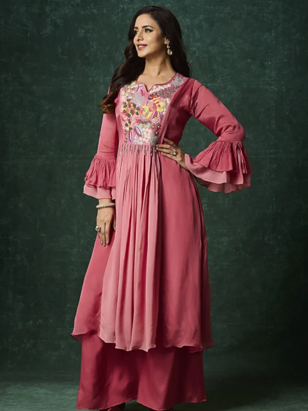 Rosé pink embroidered Indo Western kurta set with flared silhouette