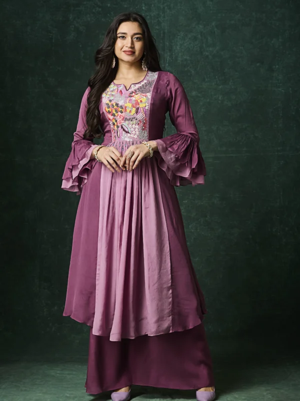 Plum embroidered Indo Western kurta set with layered flare and bell sleeves