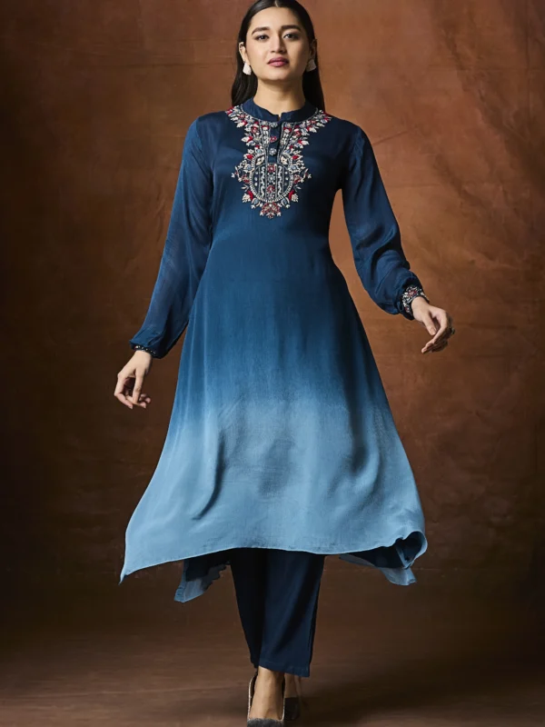 Teal ombre embroidered straight suit set with matching pants for women