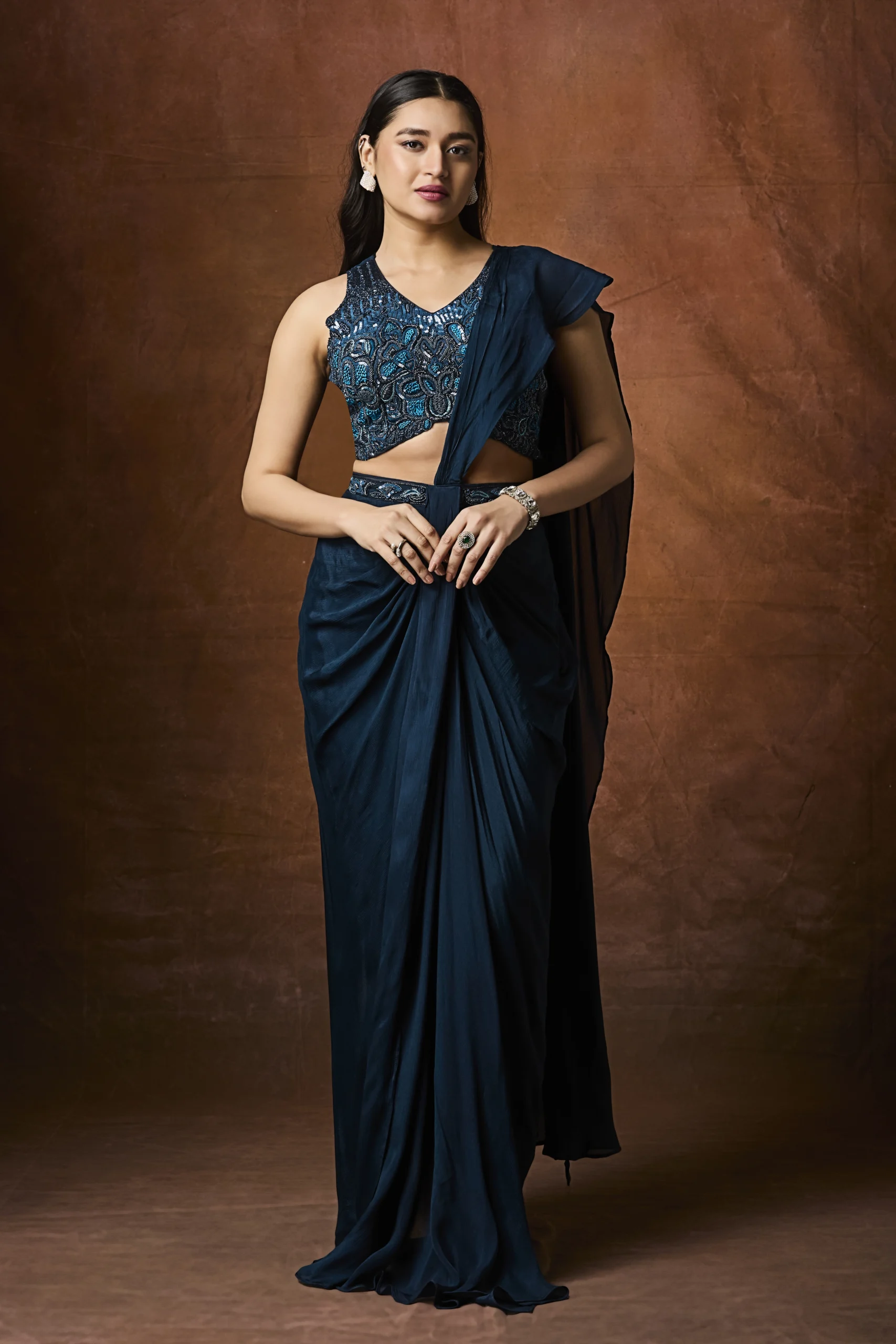 midnight-teal-embellished-pre-draped-saree