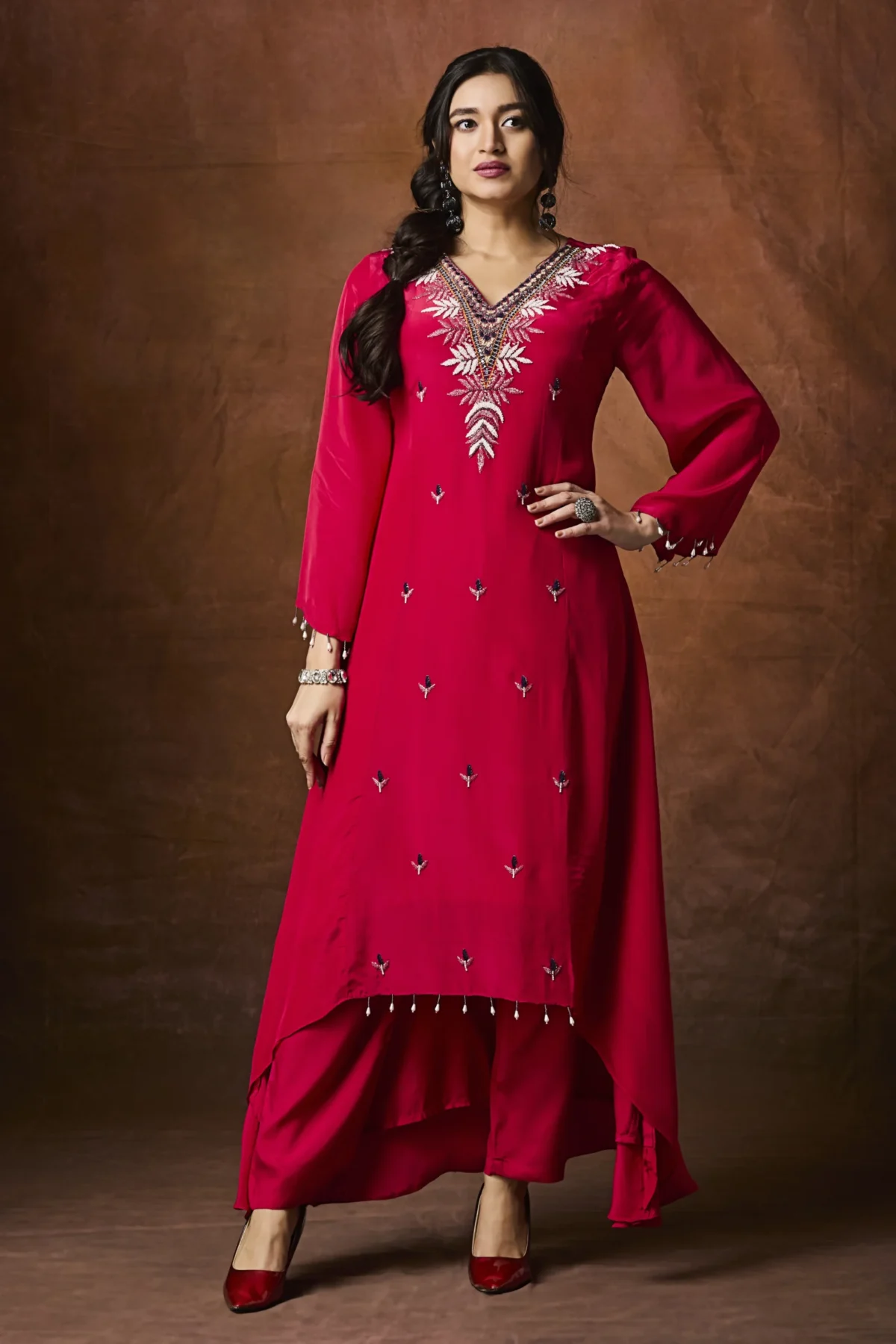 Red designer palazzo suit with embroidered kurta for festive wear