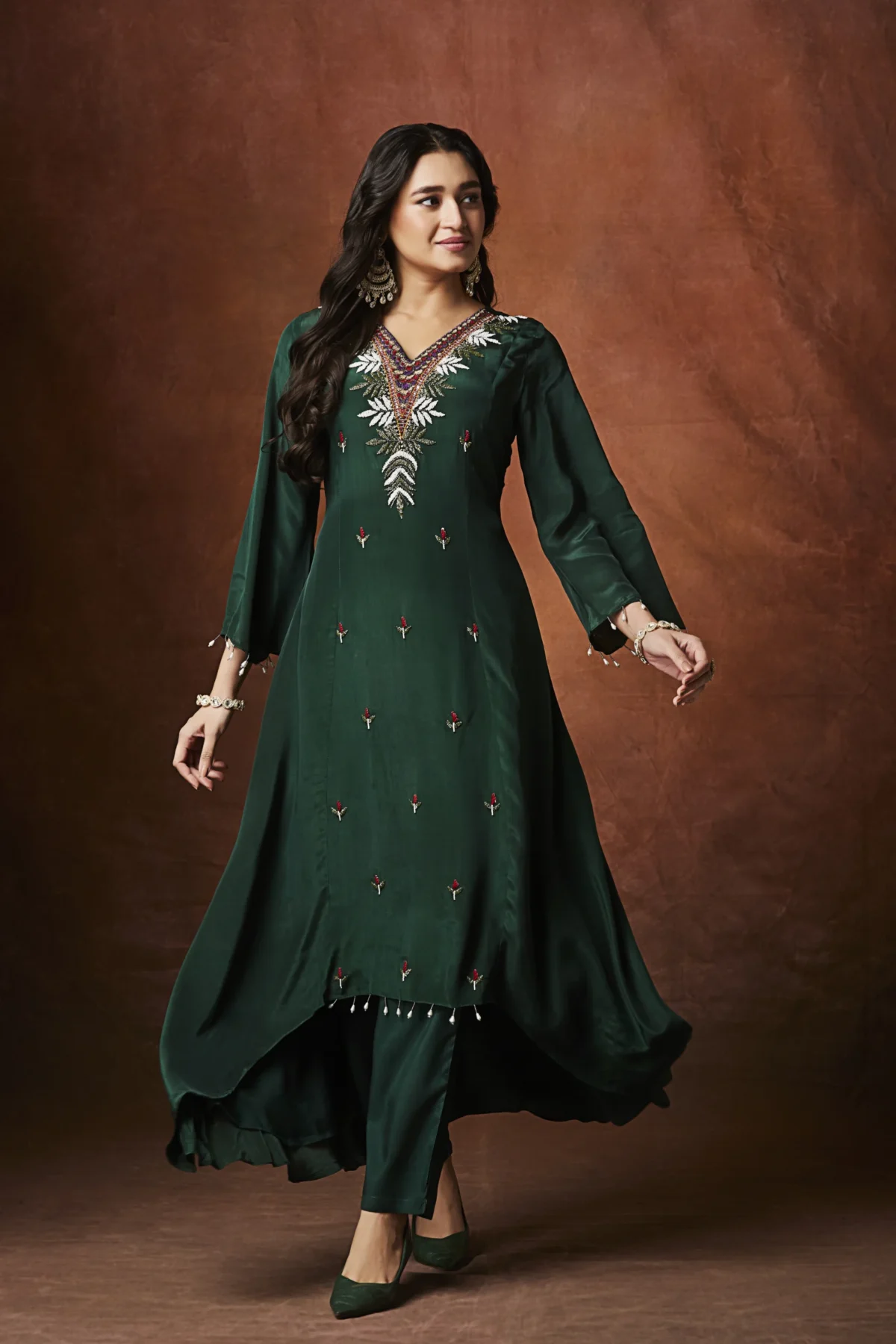 Green designer palazzo suit with embroidered kurta for festive wear