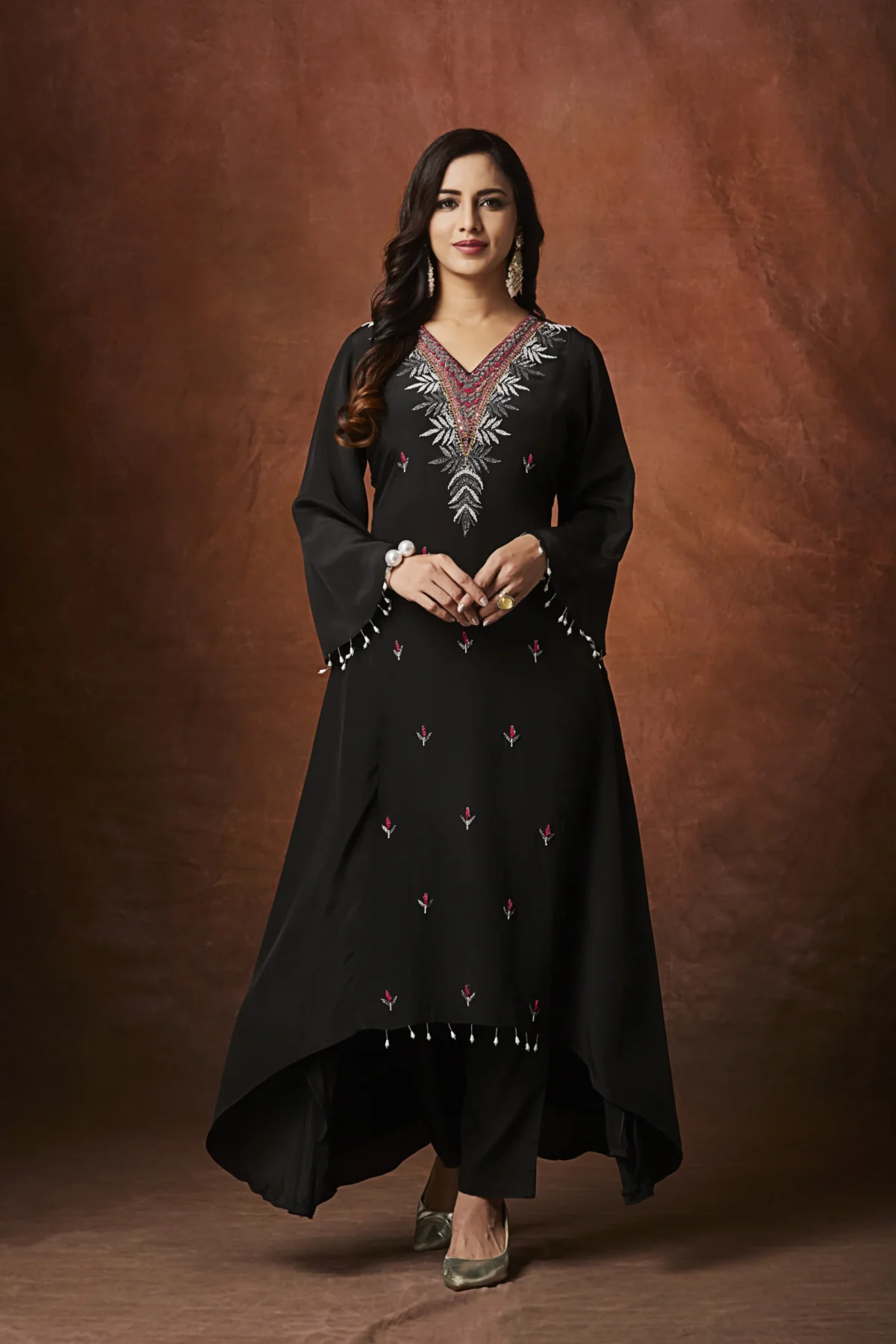Black designer palazzo suit with embroidered kurta for festive occasions