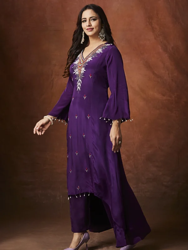 Purple designer palazzo suit with embroidered long kurta for festive wear