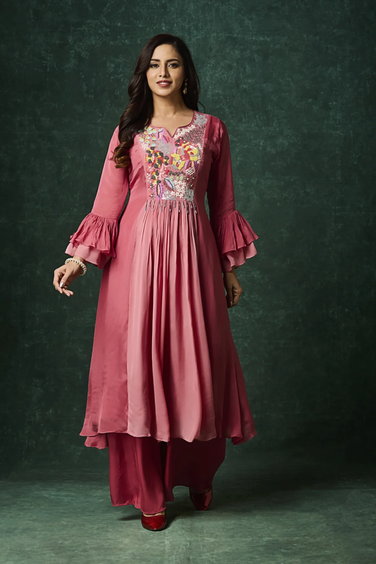 Rosé pink embroidered Indo Western kurta set with flared silhouette