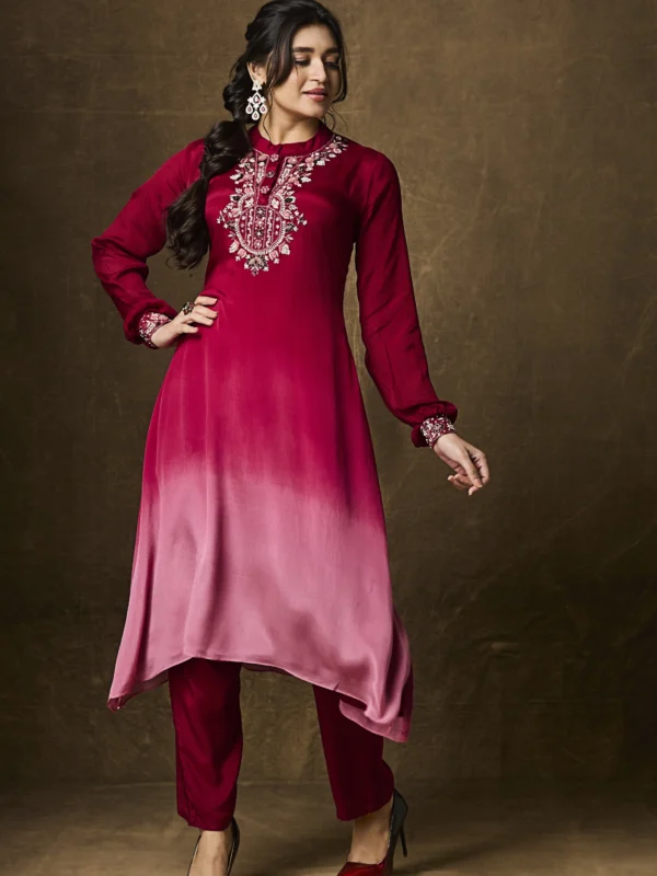 Ruby red ombre embroidered straight suit set with matching pants