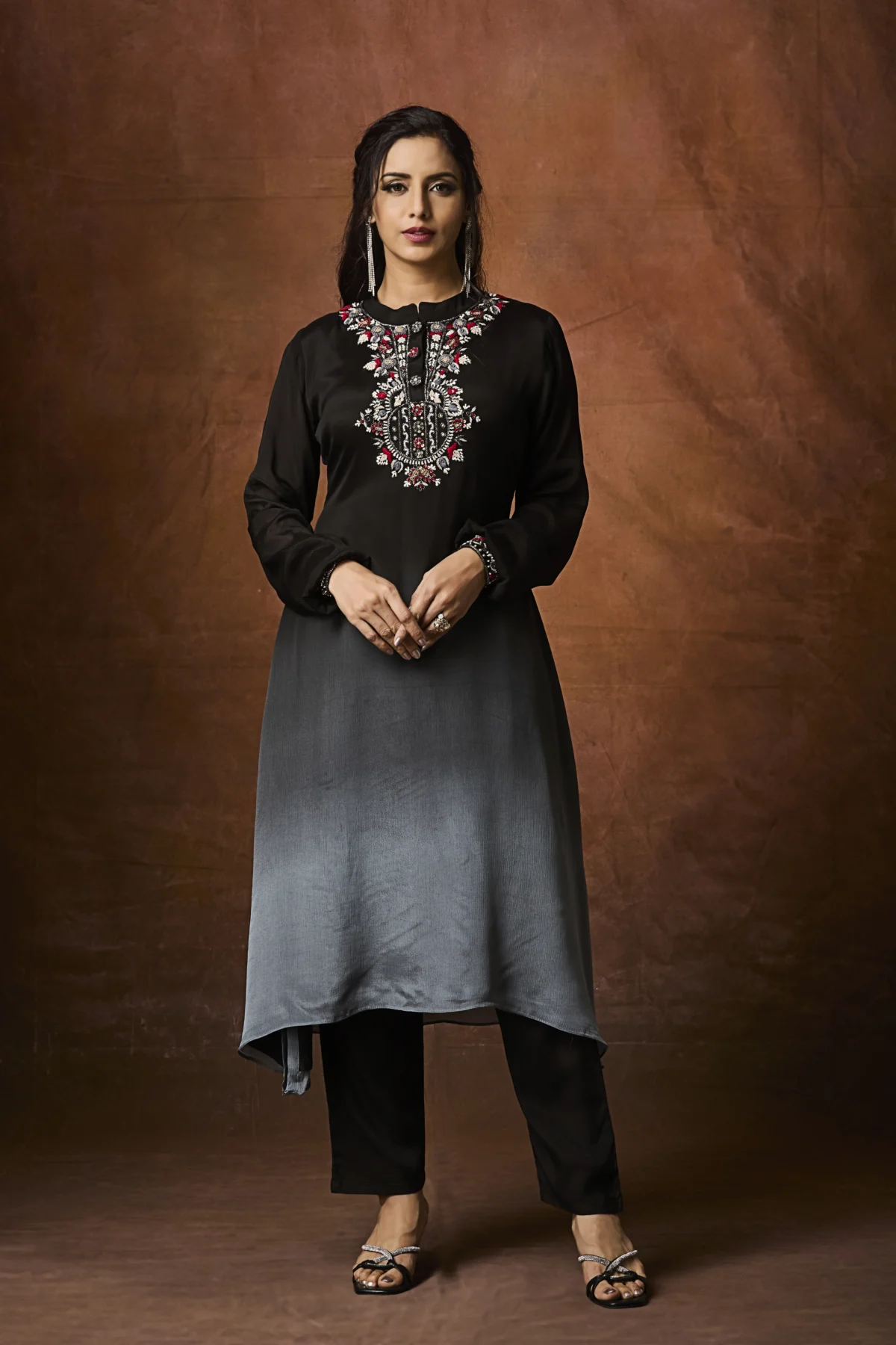Black ombre embroidered straight kurta set with high low hem and pants